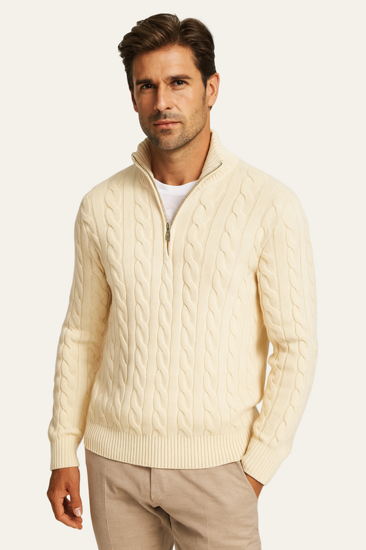 Beige Cable Knit Zip-Neck Jumper