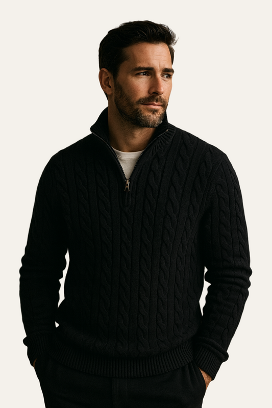 Black Cable Knit Zip-Neck Jumper