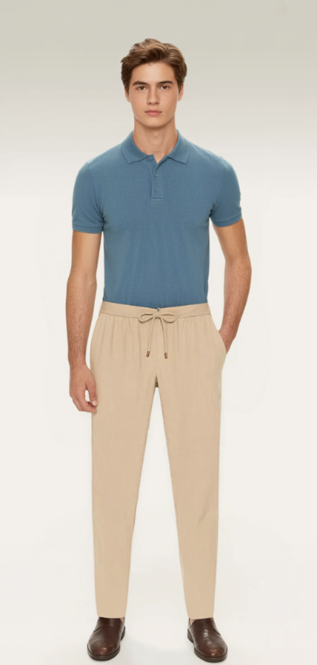 Beige Linen Blend Drawstring Trousers