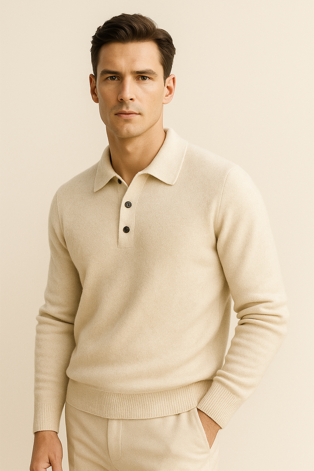 Crown Buttoned Polo Knit Beige