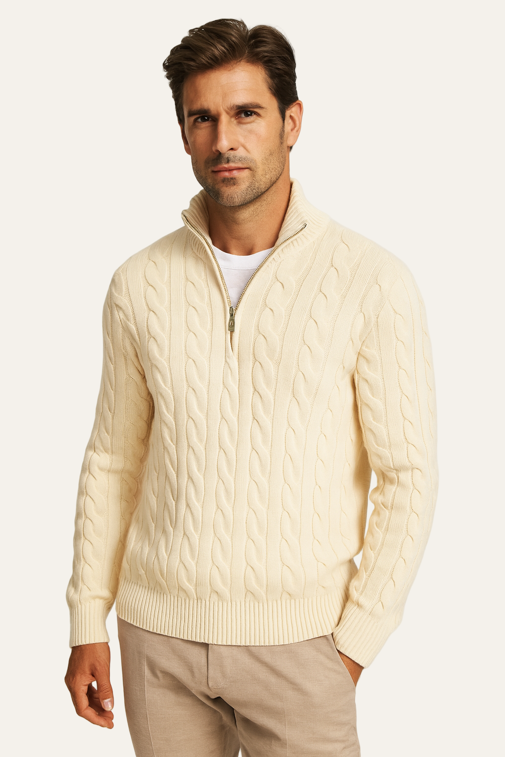 Beige Cable Knit Zip-Neck Jumper