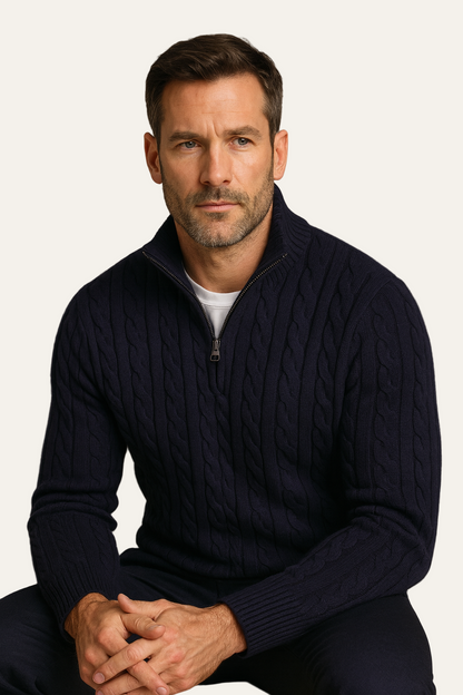 Navy Cable Knit Zip-Neck Jumper