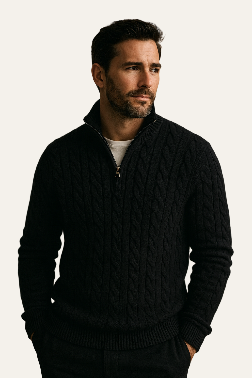 Black Cable Knit Zip-Neck Jumper
