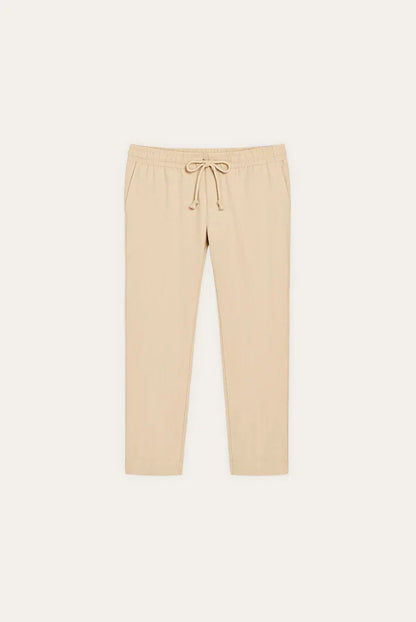 Cream Linen Blend Drawstring Trousers