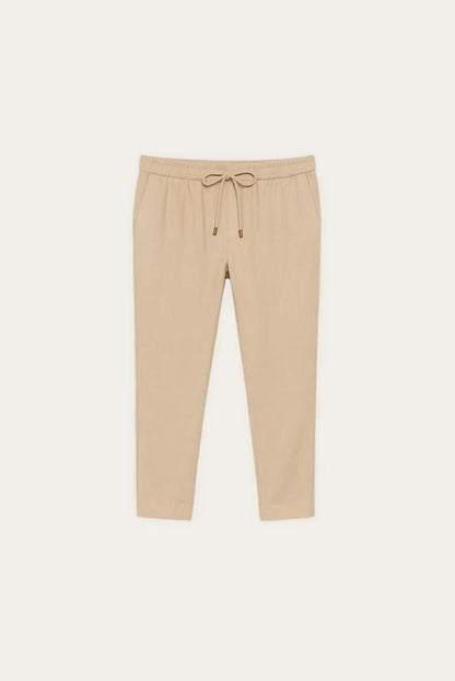 Beige Linen Blend Drawstring Trousers