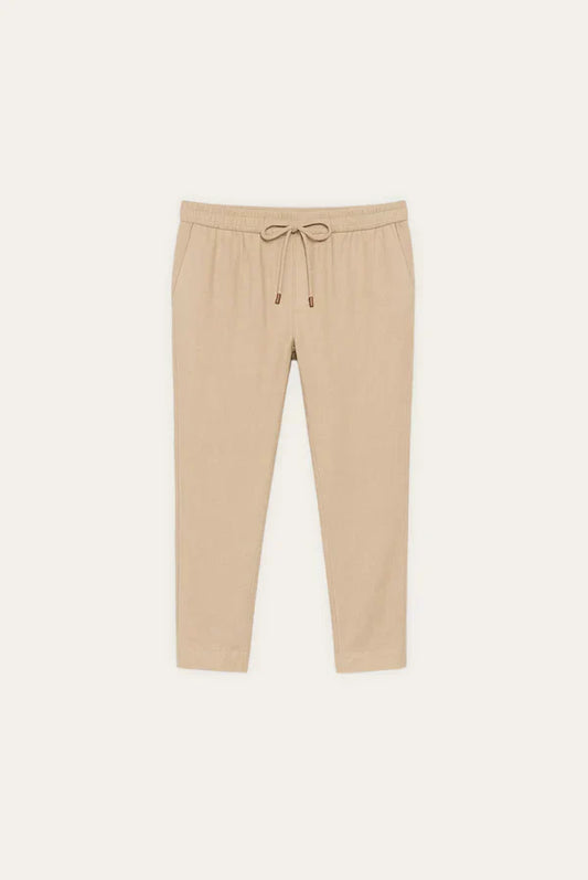 Beige Linen Blend Drawstring Trousers