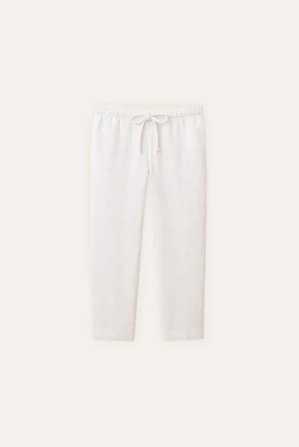 White Linen Blend Drawstring Trousers