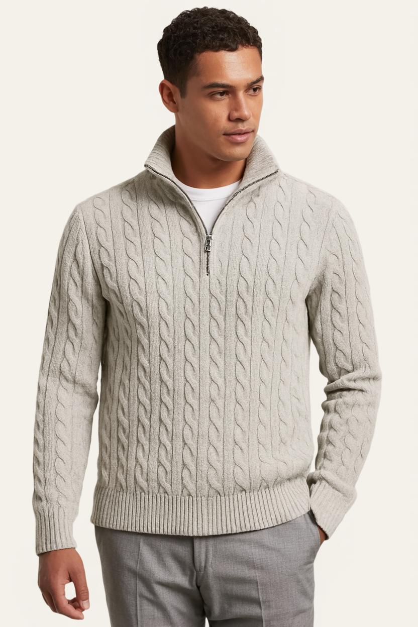 Grey Cable Knit Zip-Neck Jumper