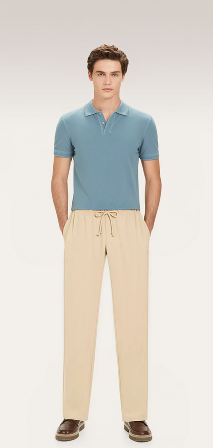 Cream Linen Blend Drawstring Trousers