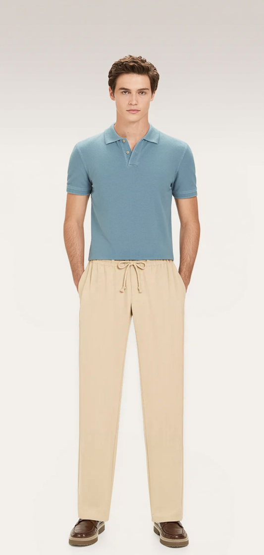 Cream Linen Blend Drawstring Trousers