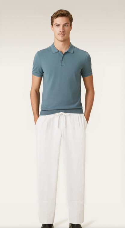 White Linen Blend Drawstring Trousers