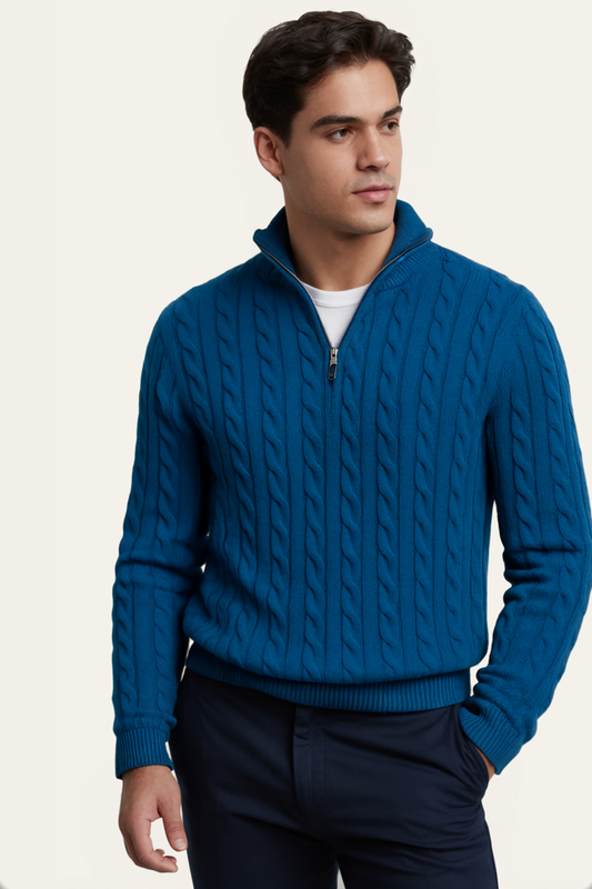 Blue Cable Knit Zip-Neck Jumper